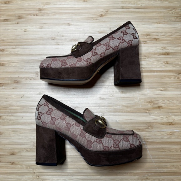 🤎GUCCI🤎GG Monogram Suede Houdan Mid Heel Platform Loafers - Picture 2 of 9